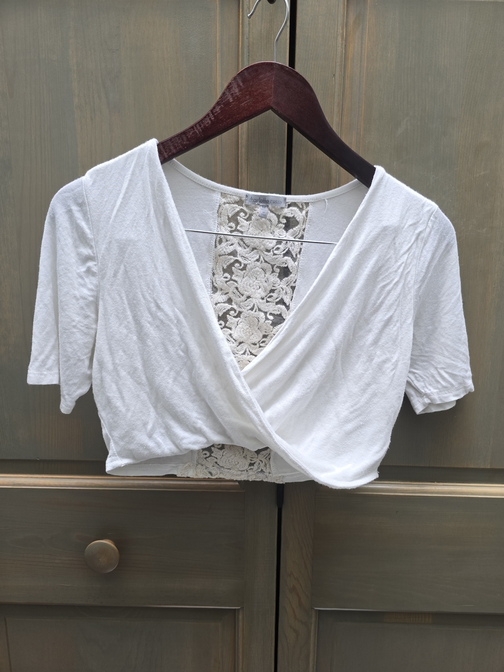 Charlotte Russe White Cropped Wrap Top with Lace Back